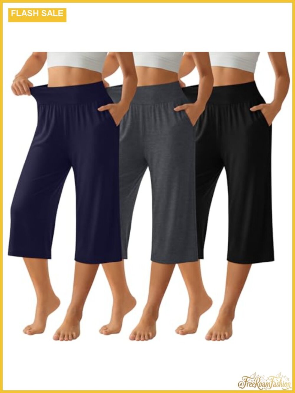 Women's Capri Pants with Pockets Wide Leg High Waist Stretch Yoga Lounge
